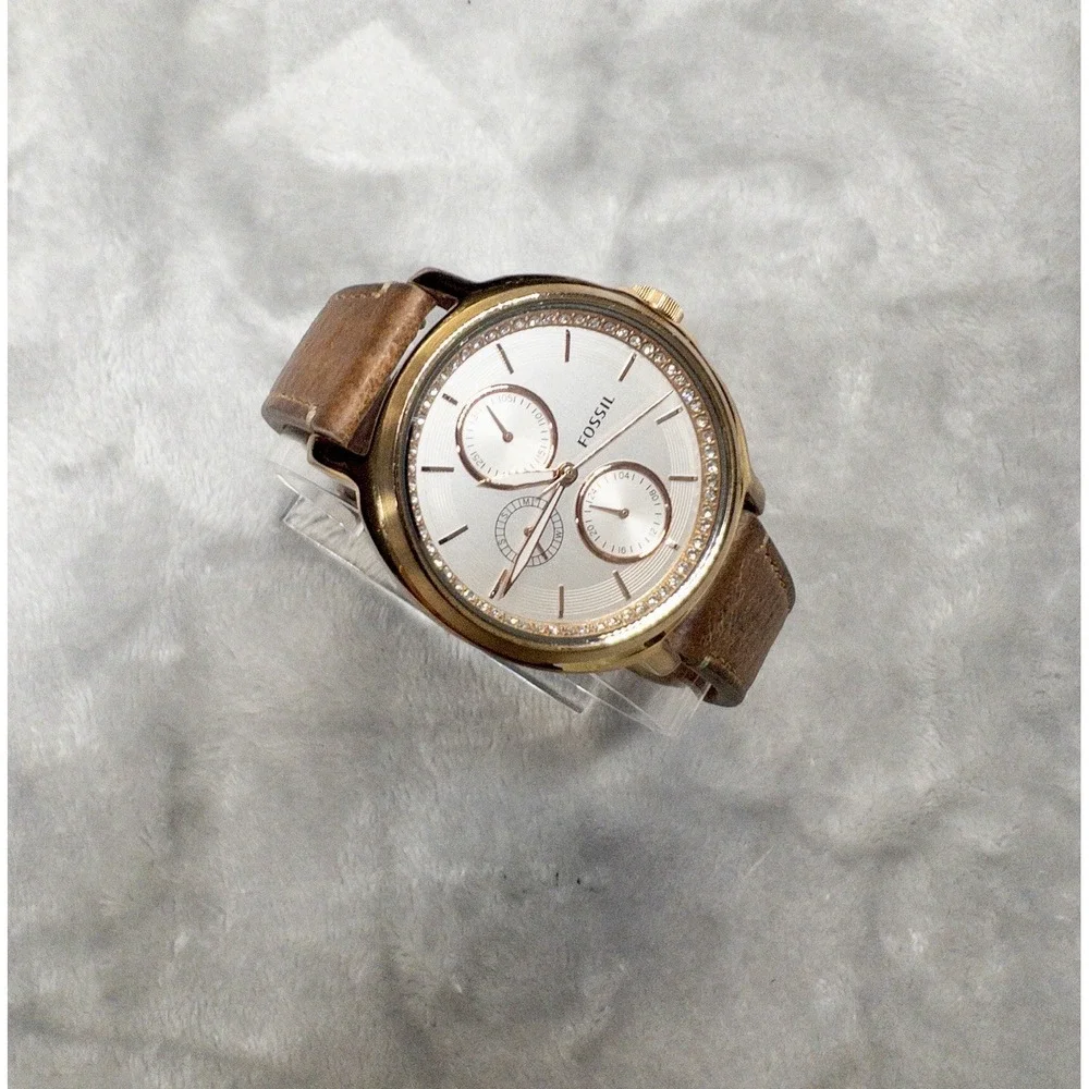 Fossil ES3358 Silver Dial Brown Leather Strap Multifunction 42mm Women's Watch